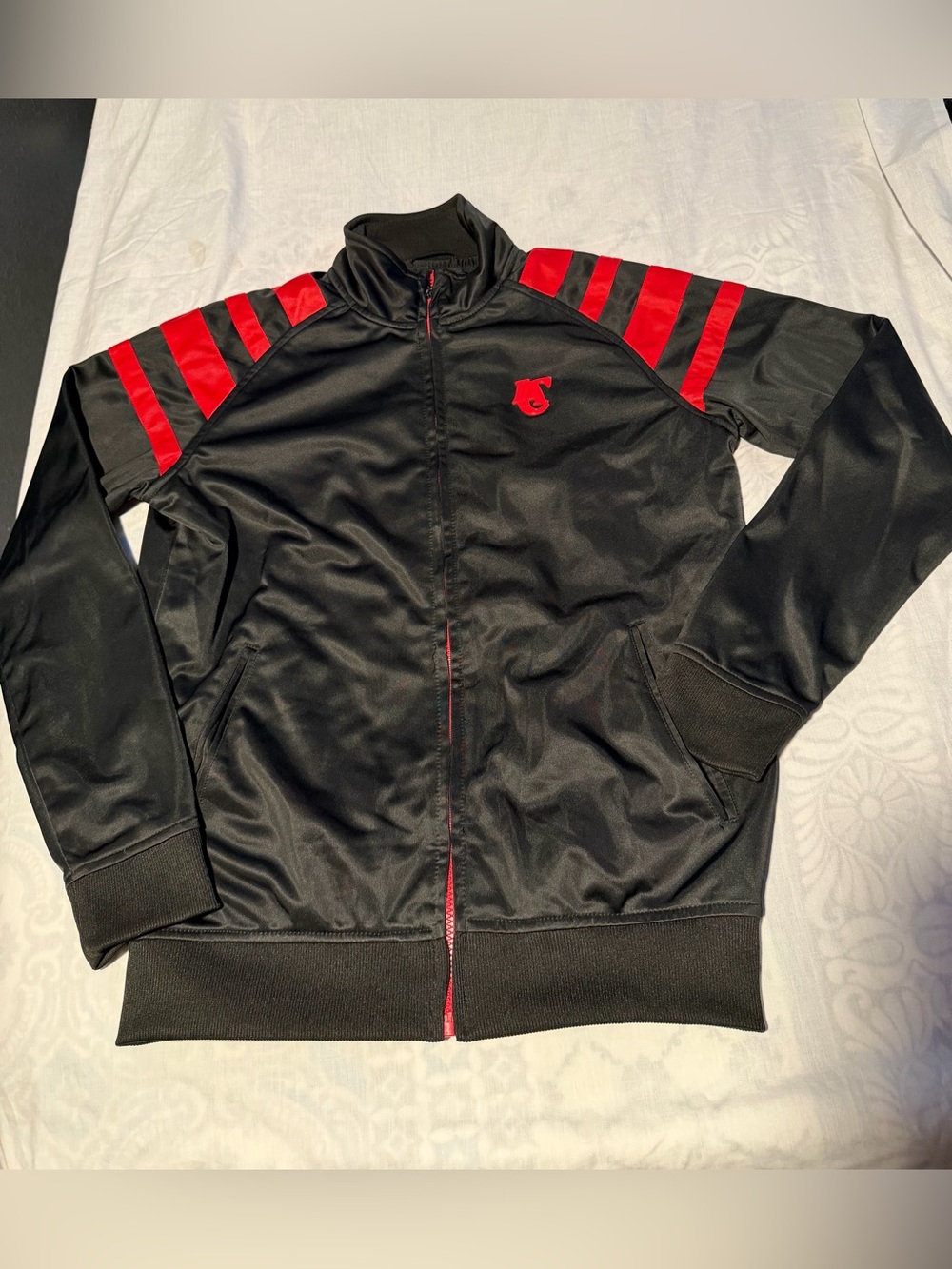 Unk Black Bomber Jacket with Red Shoulder Stripes size M